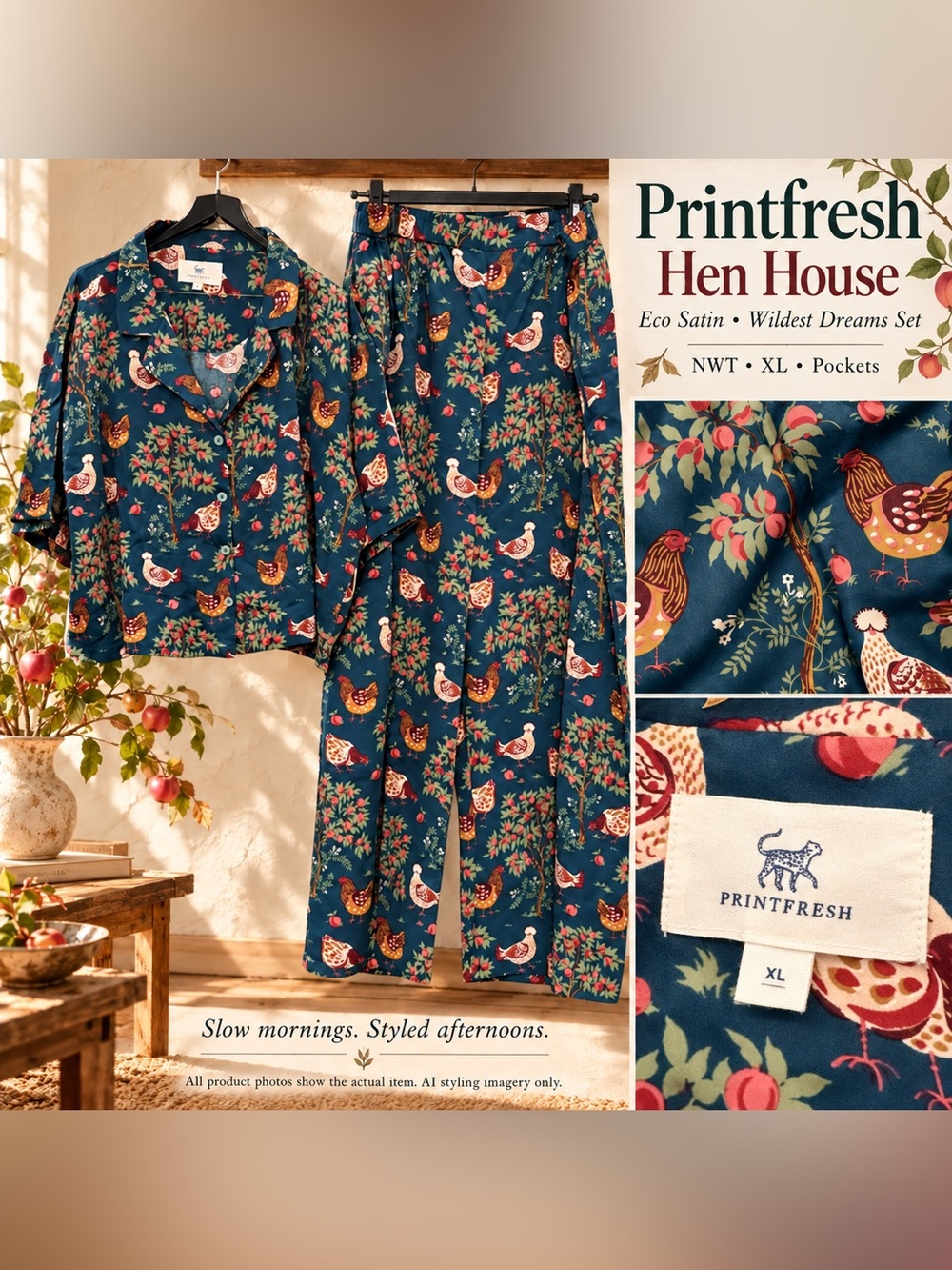 Printfresh Hen House Eco Satin Wildest Dreams Pajamas XL NWT Navy Chicken Print
